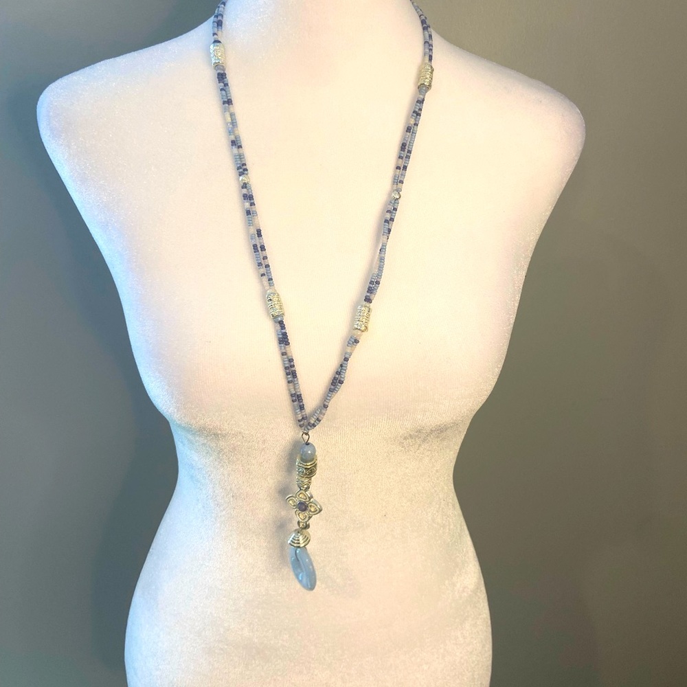 Long light blue and silver casual necklace